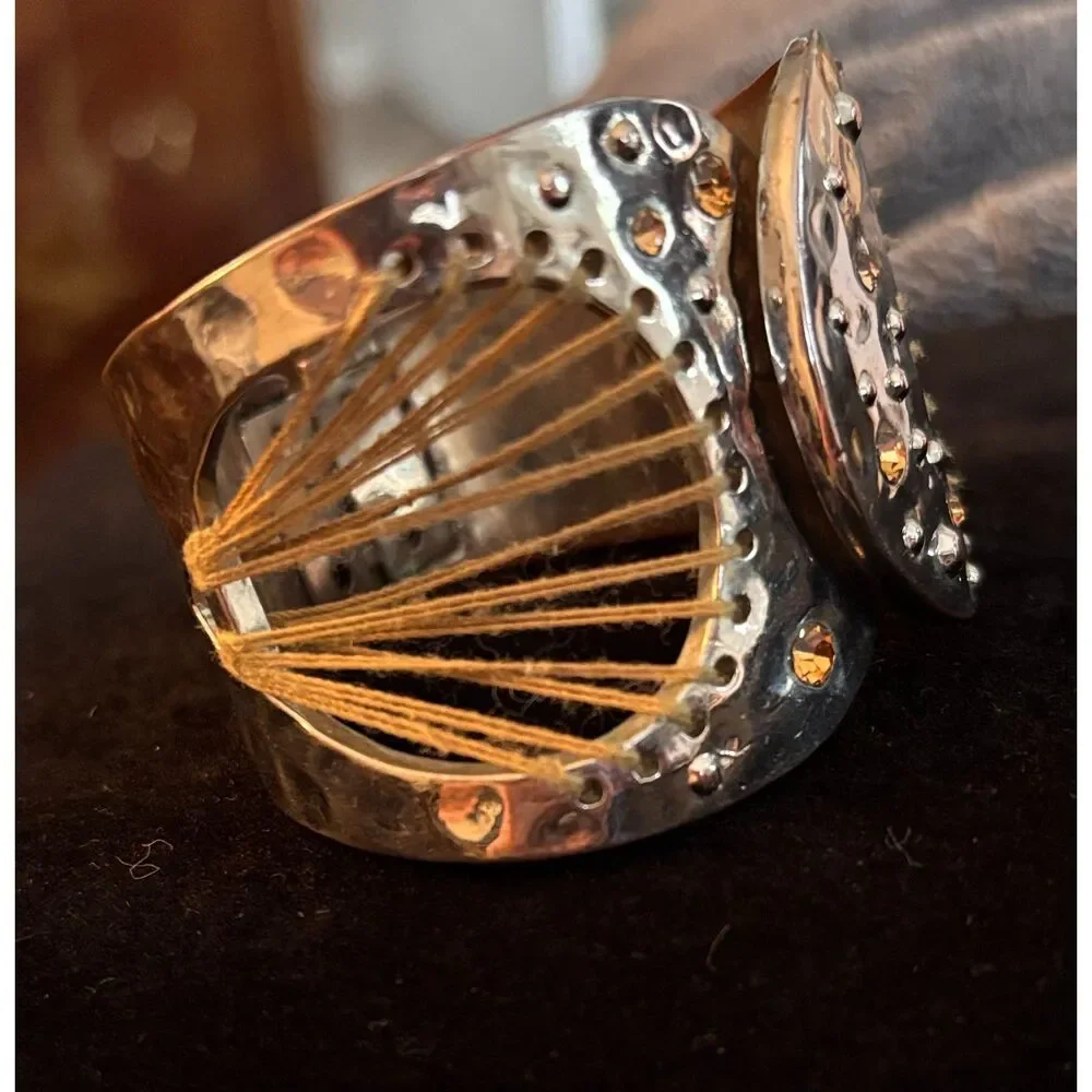 Artisan Hammered Boho Wide Cuff Silver Tone Rhinestone & Thread Bracelet